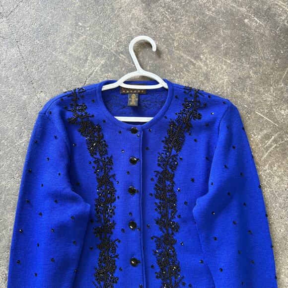 Vintage Classiques Cardigan Sweater Womens XS Blue Wool Beaded Cottage 80s - Picture 2 of 8